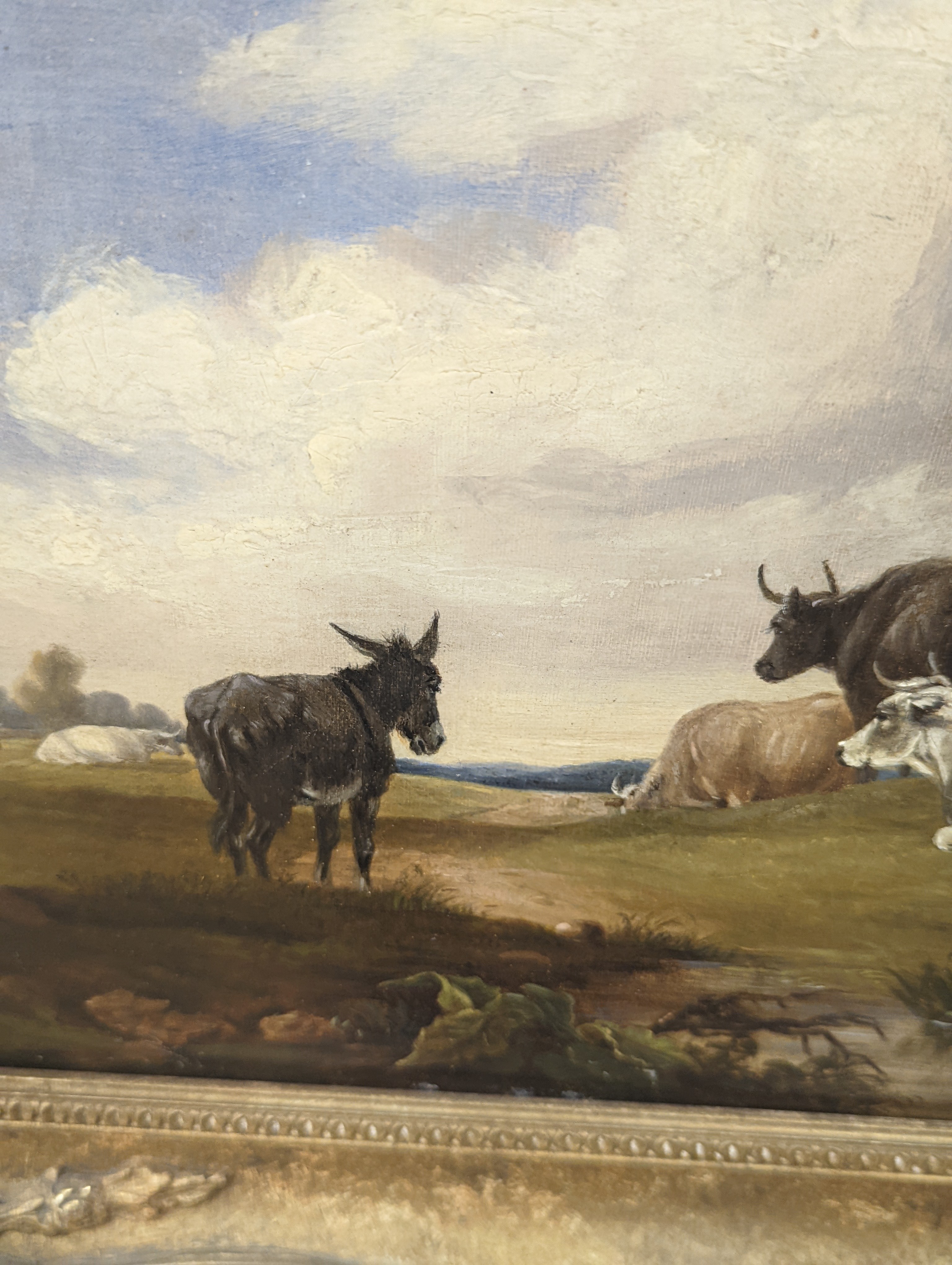 Manner of Thomas Sidney Cooper, oil on canvas, Cattle and donkey in a landscape, 28 x 37cm